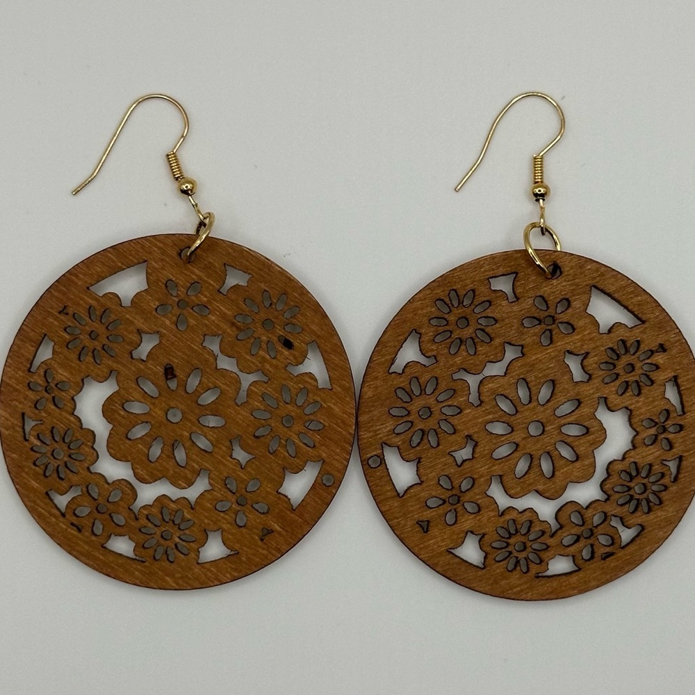 Boho, wooden, laser cut earrings. Brand new, never worn. Gold fishhooks.
